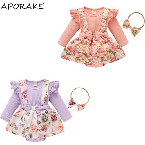 2021 0-18M Baby Girls Romper Dress Floral Print Patch Knitted Straps Long Sleeve Playsuit+Headband Sweet Spring Fall 2pcs