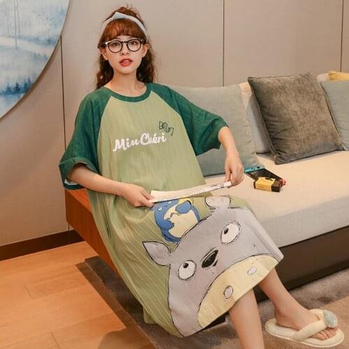 Nightgown Cotton Knitted Long Summer Dress Oversized Korean Stylish Sleepwear Pullover Cartoon Striped Soft Home Clothes Woman