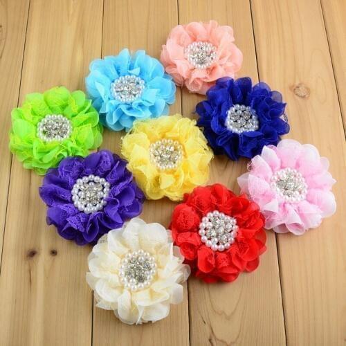 New 16C 16pc/lot 3.54" Girl Hair Flowers Without Clip Multi-layers Chiffon Mesh Lace head wear Pearls Center For Woman Kids TH67