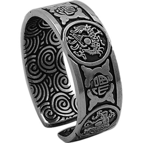 BOCAI New Real 100% s999 pure silver jewelry retro four mythical beasts adjustable Man ring lucky clouds and good luck ring