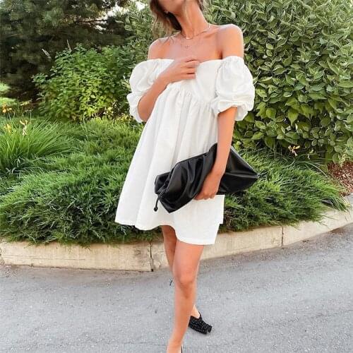 Summer Puff Sleeve Solid Dress Girls Temperament V-neck French Style A-line Skirt Sexy Strapless Cotton Medium-length Dress New