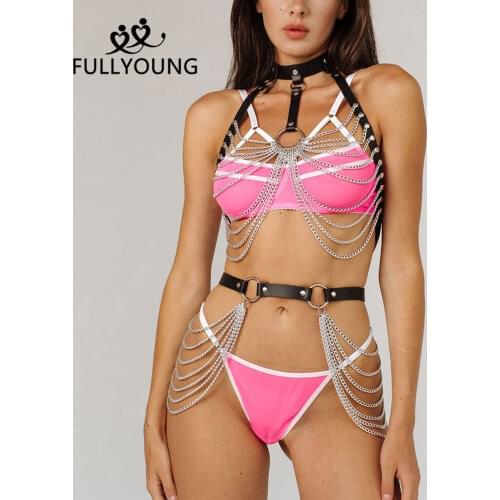 Sexy Goth Black Leather Women Harness Chain Belt 2pcs Set Chest Harness Waist Thigh Garter Belt BDSM Bondage Body Harness