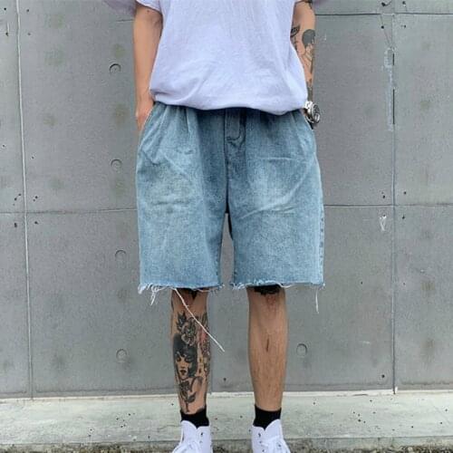 Men Casual Shorts Denim Drawstring Retro Baggy Straight Vintage Korean Style Trendy Chic Harajuku Mens Trousers All-match Soft