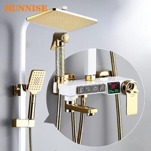 Thermostatic Shower Set HUNNISE White Gold Brass Bathtub Faucet Hot Cold Baroom Tap Rainfall Shower Head Digital Bath Shower Set