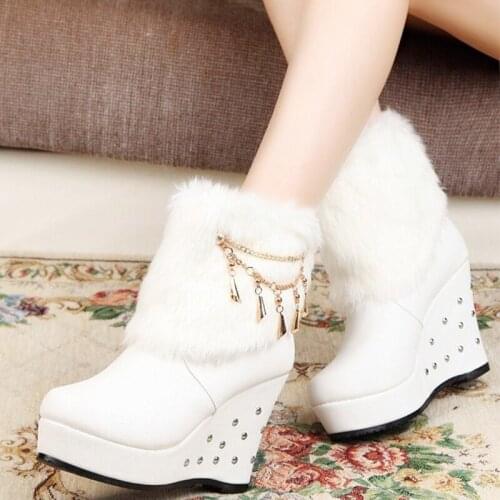 2020 Wedge Women Boots Beaded Winter Women Shoes Platform Warm Fur Shoes Woman Ankle White Snow Boots WBS4015