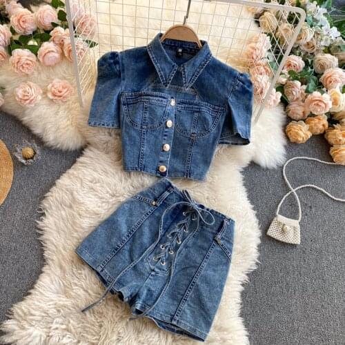 Women Hollow out Jeans+Skirts Sets Short Sleeve Tank Tops Laced Denim Skirt Suits for Woman Dropshipping