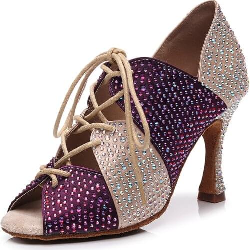 Woman Lace Up Latin Dance Shoes Purple Black Ballroom Salsa Dancing Shoes for Gilrs Soft Bottom Rhinestone Latino Shoes for Kids