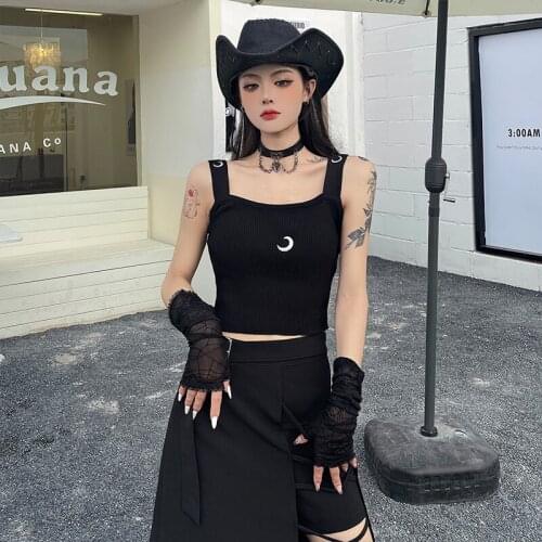 Summer Crescent Embroidery Girl Sexy Short Length Casmiole Black Gothic Lady Basic Stretch Camis Goth Harajuku Top Streetwear