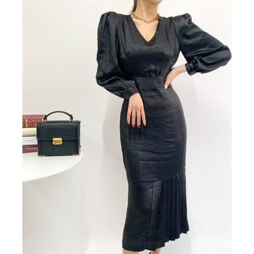 2021 New Minimalist Slim Waist Lace Up Wrap Hip Black Puff Sleeve V-neck Pleated Silk Dress Office Lady Solid Vestido Gentle