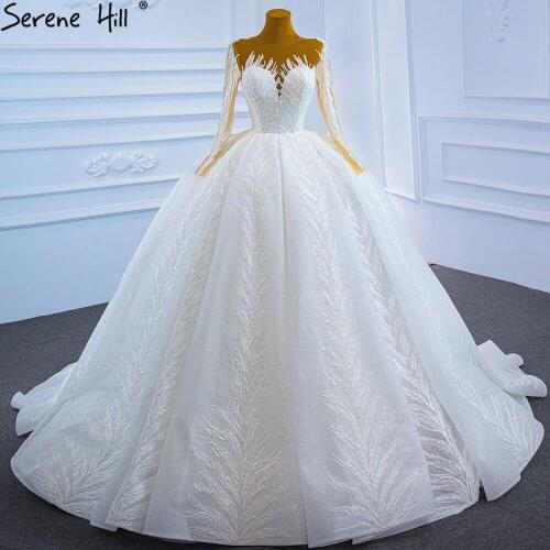 Serene Hill Muslim White Luxury Wedding Dresses 2021 Glitter Long Sleeves High-end Lace Up Custom Size Bridal Dress DHM67235