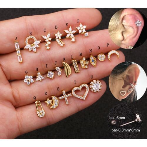 1Pc Stainless Steel Flower moon star CZ dangle ear piercing jewelry steel barbell daith earrings helix cartilage studs