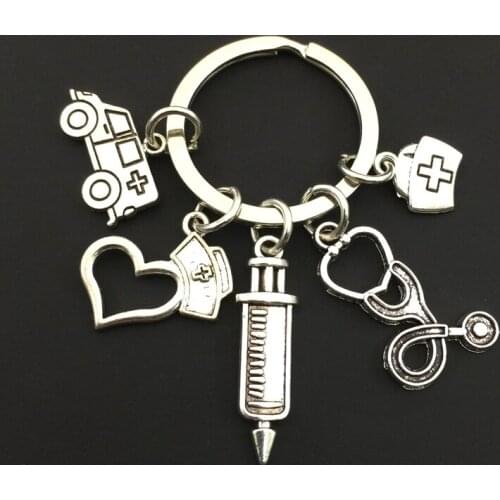 1Pc Vintage Doctor Medical Keychain Stethoscope Syringe ambulance Pendant Keyring For Nurse Creative Gift Jewelry Accessories