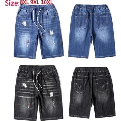 Big Mens Summer New Brand Denim Shorts Cotton With Holes Loose Elastic Middle Pants Half Super Large Plus Size L-8XL 9XL 10XL