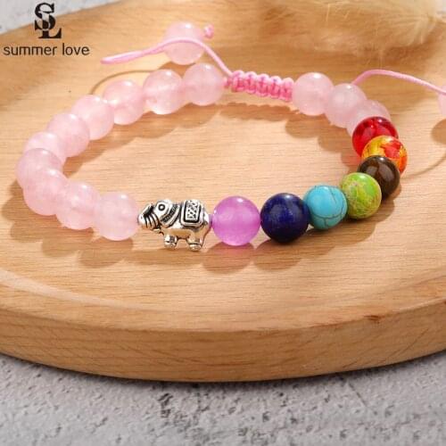 Natural Stone Beads Healing Balance 7 Chakra Bracelet Elephant Charm Pink Crystal Braided Bracelets for Women Men Prayer Jewelry