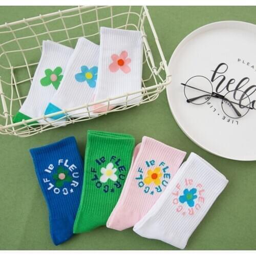 Ins Flowers Hyun Korean Version Pink Socks Women College Art Wind Kawaii Socks Spring and Autumn for Female 7 Colors 178
