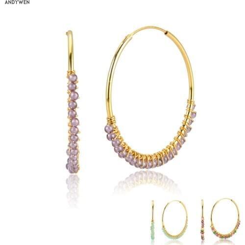 ANDYWEN 925 Sterling Silver 40mm Purple Bead Hoop Hollow Piercing Loop 2020 Rock Punk Fashion Luxury Big Jewelry Circle Ohrringe