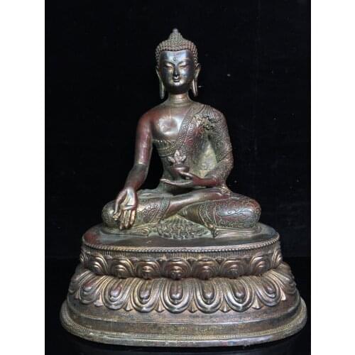 12"Chinese temple collection Old Bronze Cinnabar Lacquer Shakyamuni Buddha Statue Medicine Buddha Sitting Buddha Ornaments