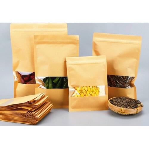 Wholesale 50pcs Flat Bottom Kraft Paper Clear Window Zipper Bag Resealable Coffee Nuts Dried Fruits Storage Bags