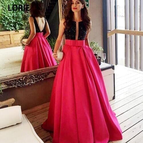 LORIE Plus Size 2 Pieces Hot Pink Evening Dresses Long Sexy Deep V Open Back Sequins Prom Party Gown with Pockets