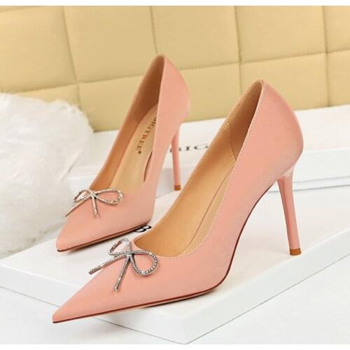 Sweet high heels for womens shoes high heel with shallow mouth pointed bow diamond single shoes