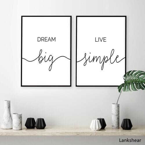 Minimalist Dream Big Live Simple Quote Canvas Paintings Black and White Bedroom Wall Art Prints Poster Pictures for Home Decor