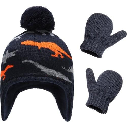 Cute Hat Gloves Set Winter Knitted Beanie Childrens Hat Girls Fake Ball Pompon Twist Plush Keep Warm Dinosaur Cap 1-5T