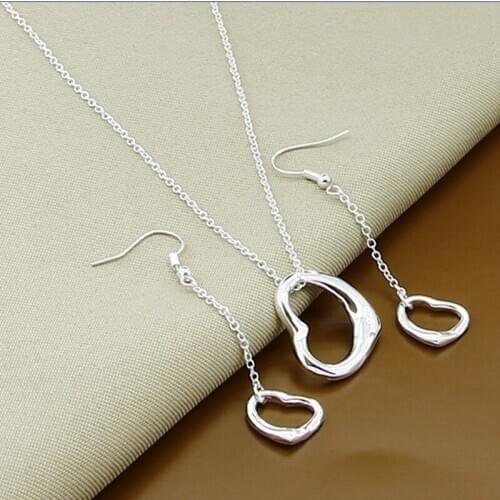New Style 925 Sterling Silver 18 Inch Chain Heart Necklace Earring Set For Women Engagement Party Wedding Fashion Charm Jewelry