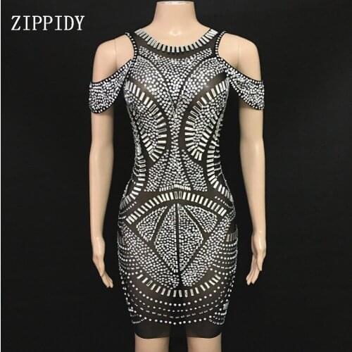 New style Fashion Sparkly Full Crystals Mesh See Through Black Nude Women Sexy Costume Dance Show Dress
