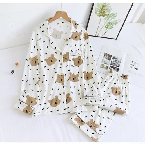 New spring and autumn ladies pajamas long-sleeved trousers 100% cotton cartoon loose-fitting suit collar cute home service suit