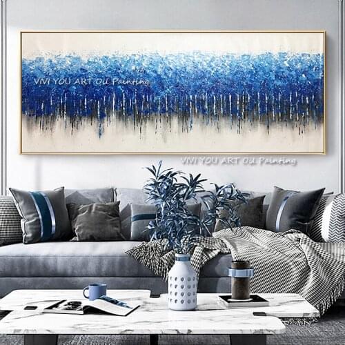 Hand Painted Simple Blue White Modern Painting Handmade Oil Painting Canvas Wall Oil Paintings Hotel Decorative Painting