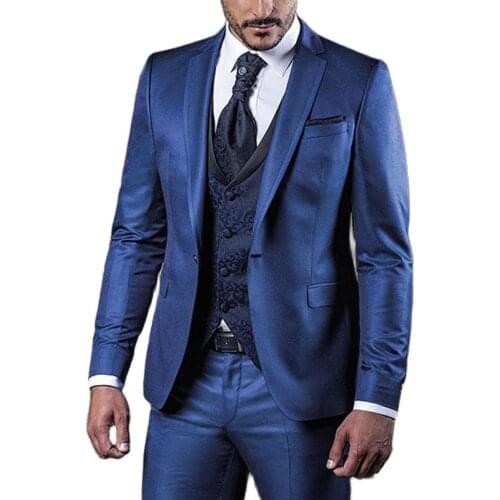 Blue Wedding Men Suits Slim Fit with Floral Pattern Waistcoat 3 Piece Formal Groom Tuxedos Dinner Italian Fashion Jacket Pants