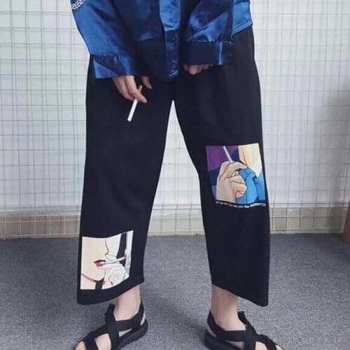 Loose Japanese Streetwear Wide Leg Pants Cartoon Graphic Print Trousers 2020 Summer Prepple Style Straight Pants