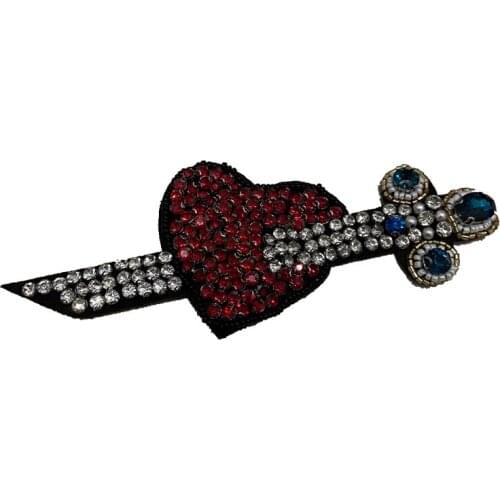 WUYUCONG 3D Rhinestones Sword Piercing Heart Patches Sew on Beaded Patch for Clothes Bags Handmade Embroidery Appliques 1Piece