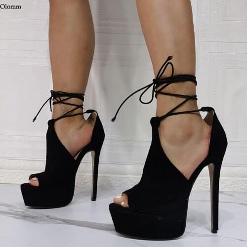 Olomm Customization Women Platform Strappy Sandals Lace Up Stiletto Heel Open Toe Black Party Shoes Women US Plus Size 5-20