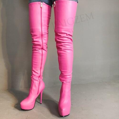 BERZIMER Women Thigh High Boots Faux Leather Heels Over Knee High Platform Boots Zip Zapatos Mujer Shoes Woman Size 44 47 50 52