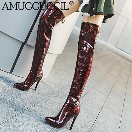 2021 New Plus Big Size 33-48 Gold Silver Red Zip Lace Up High Heel Sexy Over The Knee Thigh High Autumn Winter Women Boot X1954