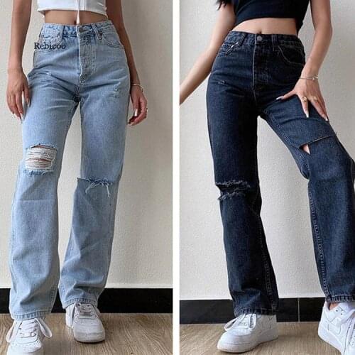Womens jeans casual wide-leg washed water ripped mid-waist jeans women