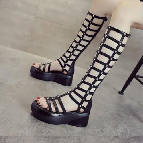 Summer New Korean Fashion Style Wedges Platform Peep Toe Cut Out Rivet Metal Buckle Women Knee-High Long Gladiator Boots 0701