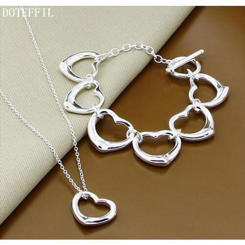 DOTEFFIL 925 Sterling Silver Heart Bracelet Pendant Necklace Set For Woman Wedding Engagement Party Fashion Charm Jewelry