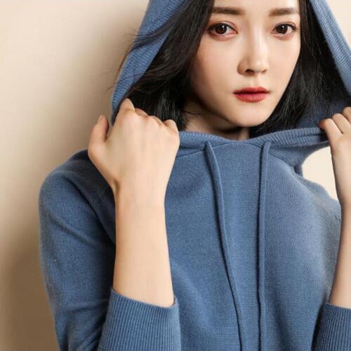 High Quality New Spring Autumn Winter Women Cashmere Knit Sweater Hooded Collar Pullovers Solid Color Sport Soft Casual Loose