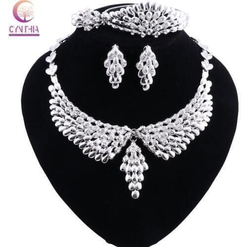 CYNTHIA Fine Jewelry Sets Necklace Ring Bracelet Earrings Wedding Silver Color For Women Crystal Maxi Dress Accessories 5Color