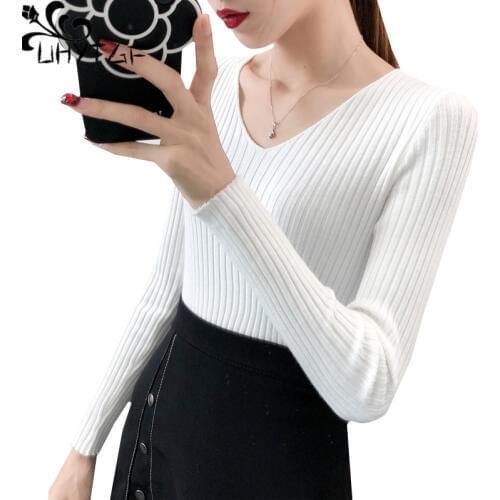 UHYTGF Special wholesale women autumn sweater V-neck pullover Elasticity Knit sweater female Long sleeve slim short sweaters 752