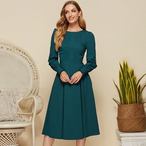 2021 Spring Autumn Womens Elegant Lantern Sleeve Dress A-line Vestidos Mujer High Quality Office Work Ladies Mid-Calf Solid
