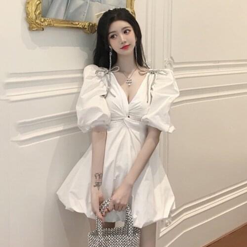 Sexy Dress Women Summer Deep V Neck bowknot twist together Dresses Fashion Half Puff Sleeve Bandage mini Court style Dress