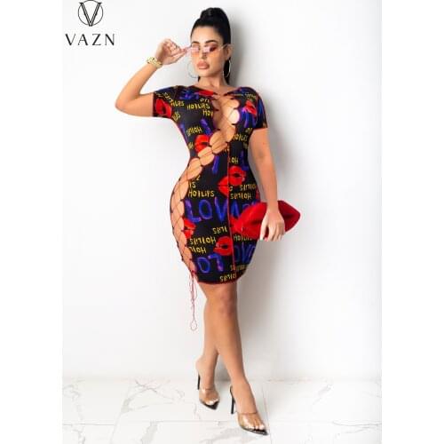VAZN 2021 Autumn Lille Chap Mini Dress Sexy Plus Size Cross Bandage Short Sleeve High Waist Young Vestidos For Female