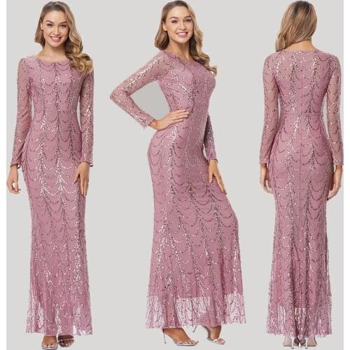 2021 JINZUO Plus Dress O-Neck Wave Sequins See Though Women Maxi Dresses Elegant Long Sleeve Female Party