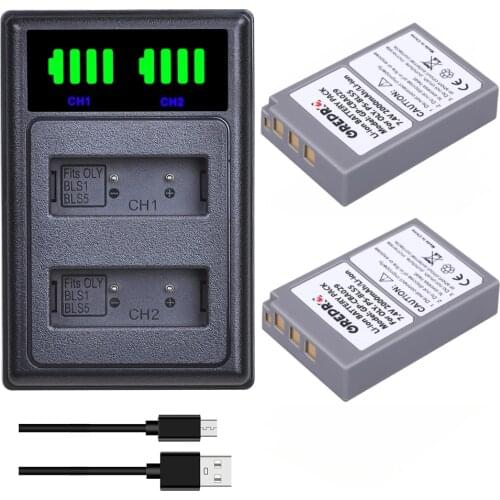 2000mAh PS-BLS5 BLS5 BLS50 Battery + BLS-5 Charger with Type-C for Olympus PEN BLS-50 E-PL2 E-PL5 E-PL6 E-PL7 E-PM2 OM-D E-M10