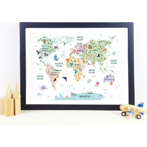 Nursery World Map Poster Prints Pastel Nursery Decor Safari Animal Theme World Map Wall Art Canvas Painting Kids Room Decoration