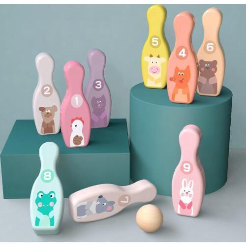 Kids Wooden Cartoon Animal Bowling Pins Balls Sport Toy Indoor Interactive Game Indoor Baby Play Balls Famaly Interactive Toys