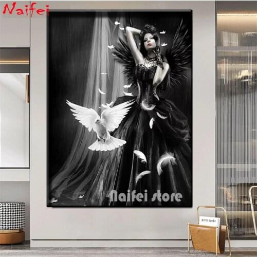 Sexy Angels Full Square Round Diamond Painting 5D DIY Diamond Embroidery Pigeon And Woman Cross Stitch Mosaic Portrait Decor